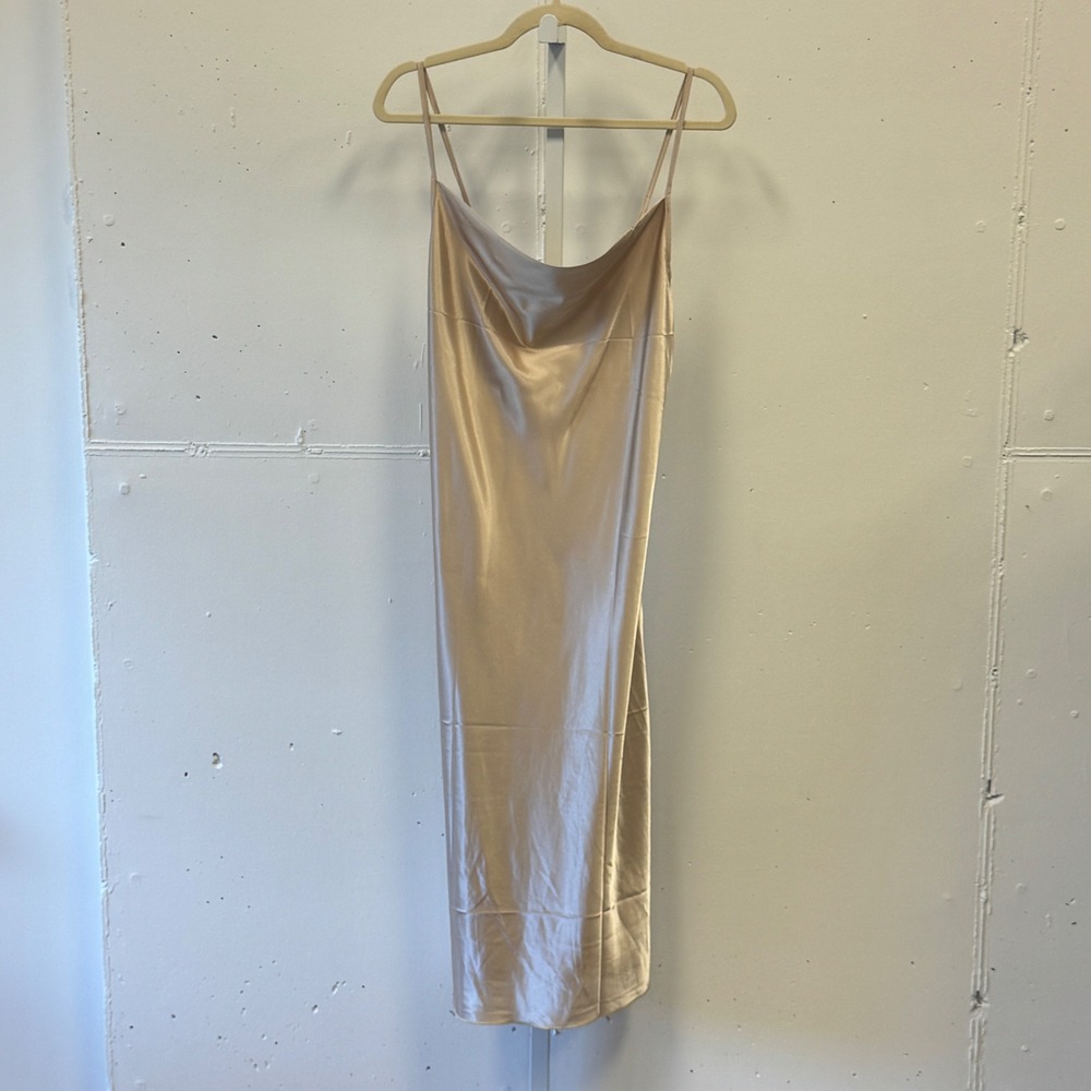 Ekouaer Champagne Gold Satin Cowl Neck Midi Slip Dress Women's Medium Adjustable